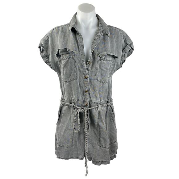 Nicole Miller Women's Gray Short Sleeve Collar Button Up Tie Jumpsuit Romper S - Picture 1 of 4